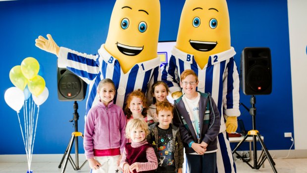 The Royal Australian Mint is celebrating 25 years of Bananas in Pyjamas. Back: Chelsea McInerney, 8, Elodie McInerney, 6, Caitlyn Gray, 8, and Calum Gray, 10. Front: Rosalie McInerney, 2, and Hunter Gray, 4.