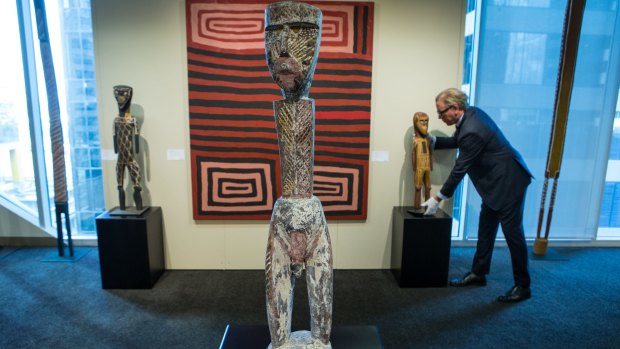 Tim Klingender, senior consultant on Australian art to Sotheby's London, at a preview in Melbourne ahead of the September 21 auction featuring items including Indigenous sculpture and contemporary art