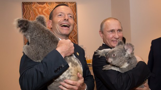 Lasting impression: Prime Minister Tony Abbott and Russian President Vladimir Putin cuddled koalas at the G20 in Brisbane.