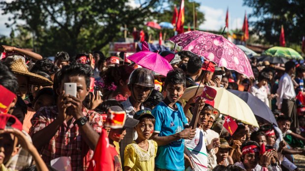 National League for Democracy supporters line up to see Aung San Suu Kyi earlier this month in Rakhine, Myanmar. The Nobel laureate has remained silent on the plight of the Rohingya Muslims.  