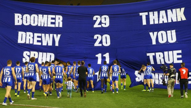Farewell: The Kangaroos banner paid tribute to the four veterans who were moved on.
