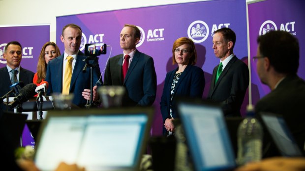 Chief Minister Andrew Barr, with his ministerial team, outline details of the budget.