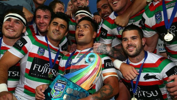 Winning feeling: Luke celebrates with teammates after leading Souths to victory in the Auckland Nines.