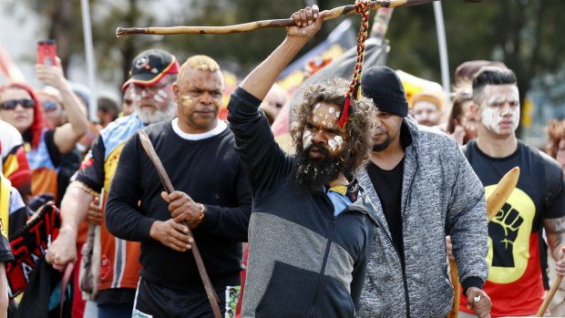 Wajuk, Balardung, Kija and Yulparitja man Clinton Pryor who walked across Australia from Perth, approaches the Aboriginal Tent Embassy.