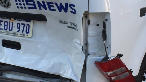 The damage done to the Nine News Perth SUV.