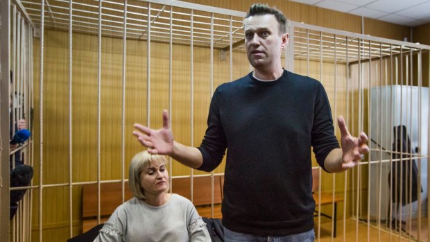 Russian opposition leader Alexei Navalny with his lawyer Olga Mikhailova in court on Monday.