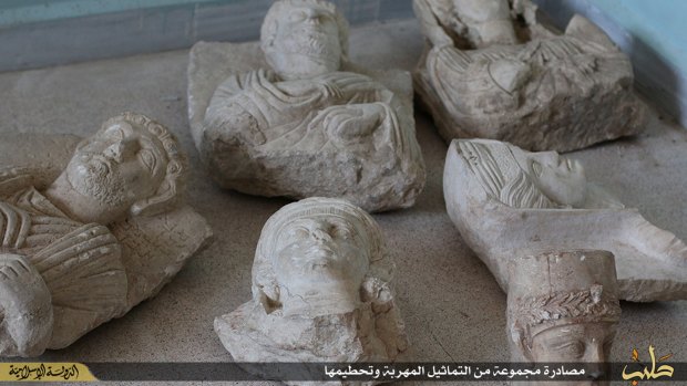 A militant website by the Aleppo branch of IS in 2015 posted this image of six smuggled archaeological pieces from the historic town of Palmyra. 
