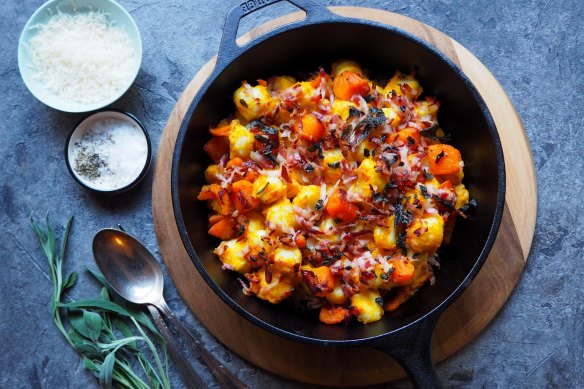 Baked gnocchi with pumpkin, pancetta and sage.
