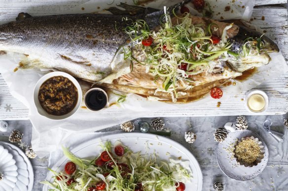 Roast salmon with garlic soy and Japanese slaw.