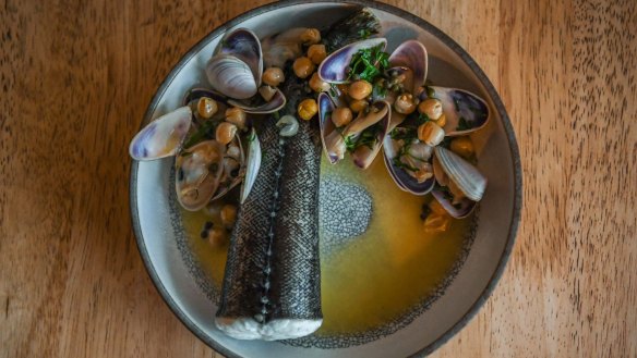 Flathead tail, pipis and chickpeas.