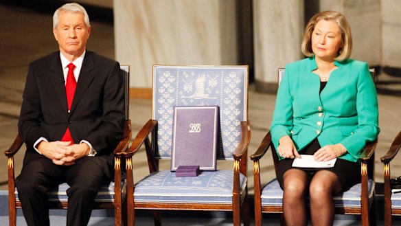 An empty chair with the Nobel Peace prize and diploma for Liu Xiaobo at a ceremony honouring Liu in Oslo, Norway, in 2008. 