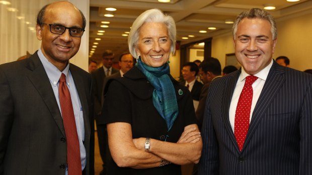 Australian Treasurer Joe Hockey meets IMF managing director Christine Lagarde and Singaporean Finance Minister Tharman Shanmugaratnam in Washington in 2014. 
