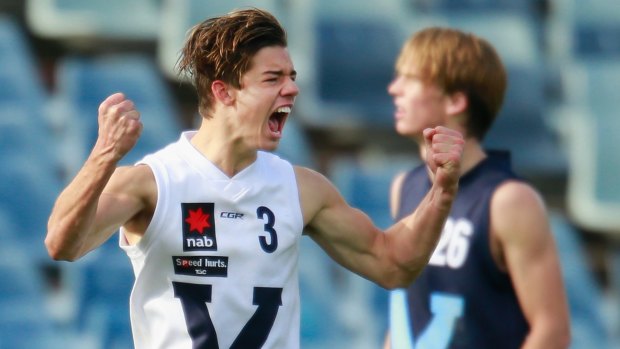 Jy Simpkin, playing for Vic Country, celebrates a goal. He'd be happy to hear his name called on draft night, irrespective of which club picked him.