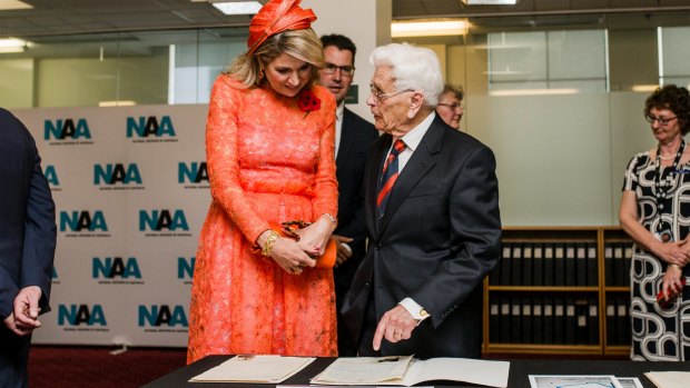 Ainslie retired electrician Gerard van Wezel, 92, worked on the Snowy Mountains Hydro-Electric Scheme after he migrated to Australia from Holland in 1952. He also endured three years in a Japanese prisoner of war camp during World War Two. He is telling his story to Queen Maxima of the Netherlands at the National Archives of Australia.