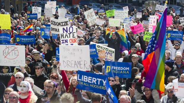 Thousands of opponents of Indiana Senate Bill 101, the Religious Freedom Restoration Act, join the weekend protests.