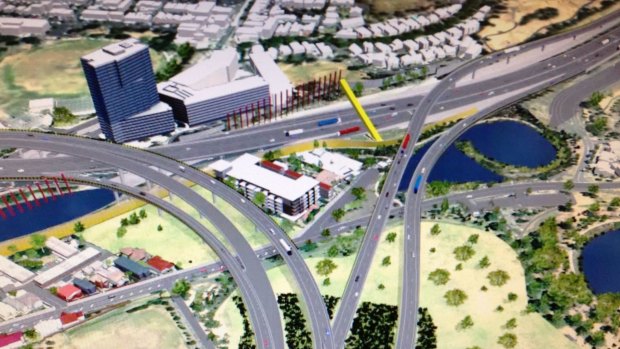 An artist's impression of the Evo building hemmed in to right and left by flyovers from the cancelled East West Link.