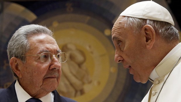 Pope Francis meets Cuban President Raul Castro during a private audience at the Vatican.