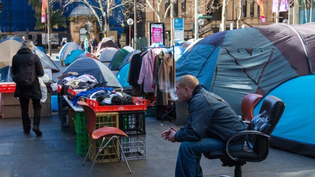 The tent city in front of the Reserve Bank of Australia in Martin Place may be demolished. 