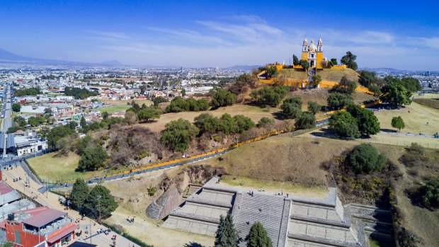 An aerial view of the famous Pyramid of Cholula, Mexico. 