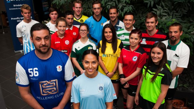 Last year's grand final winners, Angelo Konstantinou from Canberra Olympic, and Belconnen United's Nicole Jalocha, with representatives from the other premier league teams.