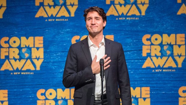 Canadian Prime Minister Justin Trudeau speaks to the audience before the debut of the Broadway musical "Come From Away".