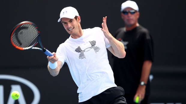 Andy Murray, watched by coach Ivan Lendl, practises on Tuesday before his second round match on Wednesday. 