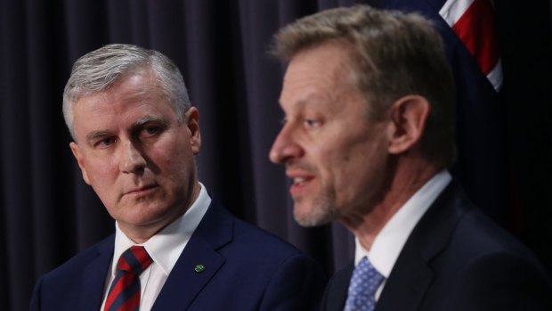 Assistant Treasurer Michael McCormack and the ABS chief statistician David Kalisch explain the census outage at Parliament House in Canberra on Wednesday.