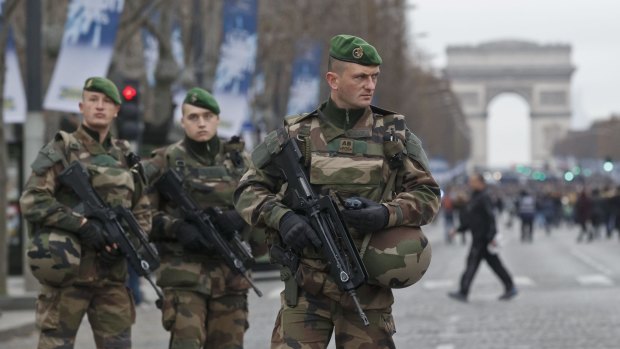 Soldiers of the Foreign Legion patrol the streets of Paris in 2016. 