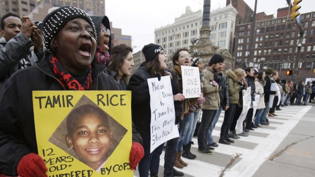 Demonstrators block Public Square on Tuesday in Cleveland protesting against the police shooting of Tamir Rice. 
