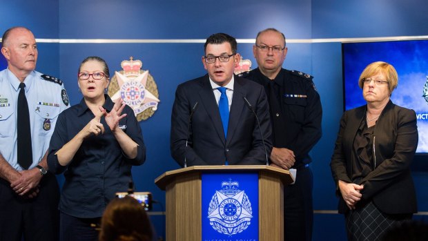 Premier of Victoria Daniel Andrews, Chief Commissioner Graham Ashton and Police Minister Lisa Neville at a press conference on the Brighton siege.