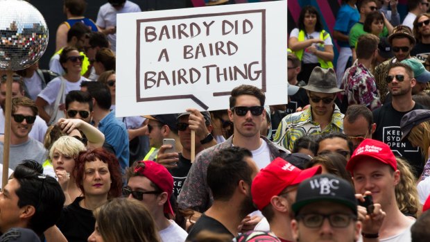 Thousands of demonstrators protested Mike Baird's lockout laws in Sydney on Sunday.