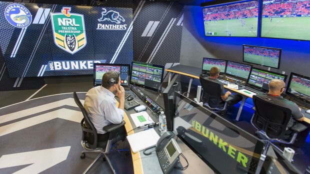Bunkering down: The NRL video referees in their new home.
