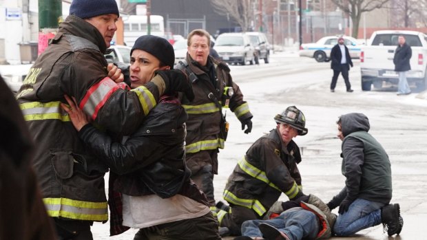 Kenny Johnson. left, as Welch, Christian Stolte as Mouch and David Eigenberg as Herrmann in the Red Rag the Bull episode of Chicago Fire.