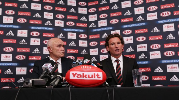 Essendon chairman Paul Little and coach James Hird address the media during the supplements saga. 