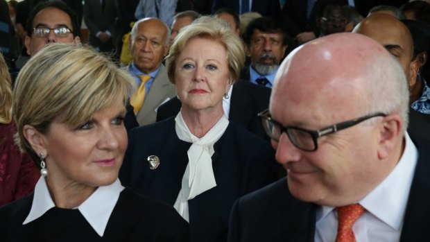 Foreign Affairs Minister Julie Bishop and Attorney-General George Brandis launch Australia's candidacy for the United Nations Human Rights Council with Human Rights Commission president Gillian Triggs looking on.
