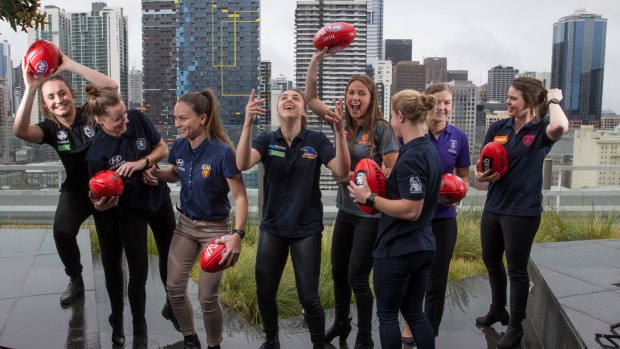 The top eight selections in the first AFL women's draft celebrate in Melbourne on Wednesday.