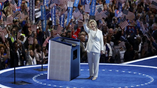 Hillary Clinton takes the stage on the final day of the Democratic National Convention.