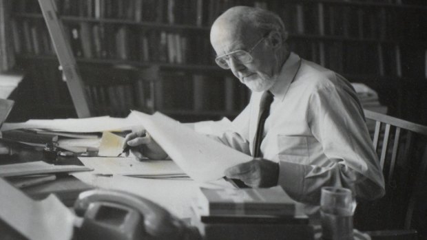 Manning Clark at work in his office.