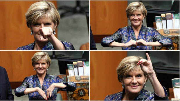 Foreign Minister Julie Bishop's hand gestures in Parliament on Monday.
