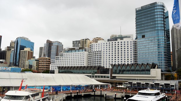 The view from Darling Harbour of the Hyatt Regency Sydney hotel, which has recently added 222 rooms, making it the biggest up-scale full-service hotel in Australia with 892 rooms.