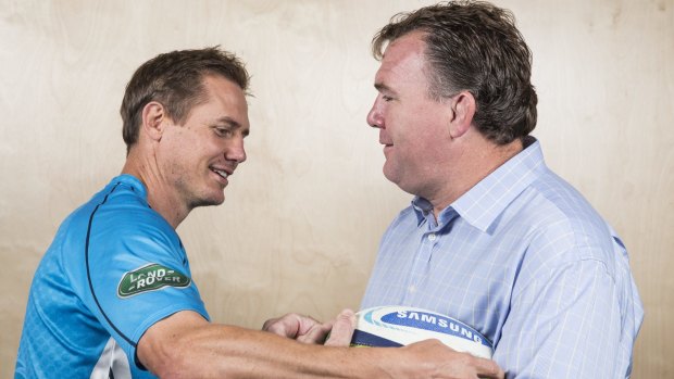 Brumbies greats Stephen Larkham and Owen Finegan ready to bash each other on Saturday.
