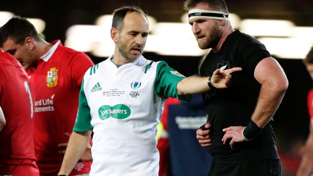 Controversial: Referee Roman Poite gestures as he talks to New Zealand captain Kieran Read during the third and final rugby Test between the British and Irish Lions and the All Blacks.