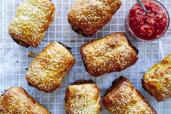 Serve the sausage rolls with tomato chutney.