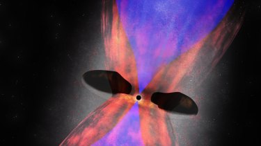 An artist's impression of a Phoenix Cluster galaxy. The purple shows the hot gas being ejected and the red is the cold gas.