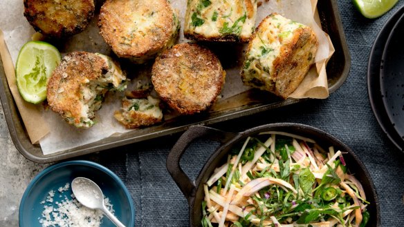 Versatile herbed fish cakes with slaw.