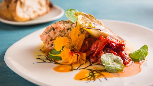 Ocean trout rillettes with red pepper relish and  charred endive.