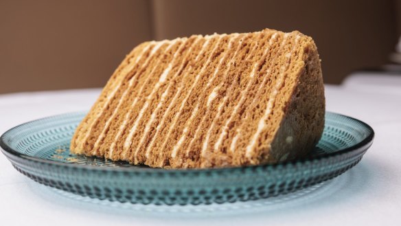 Russian honey cake is one of the many options available on the Grand Charles dessert trolley. 