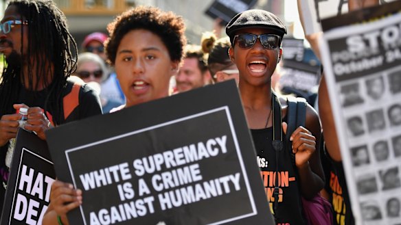 Protesters march through downtown Cleveland on the second day of the Republican National Convention (RNC) in Cleveland. Getty