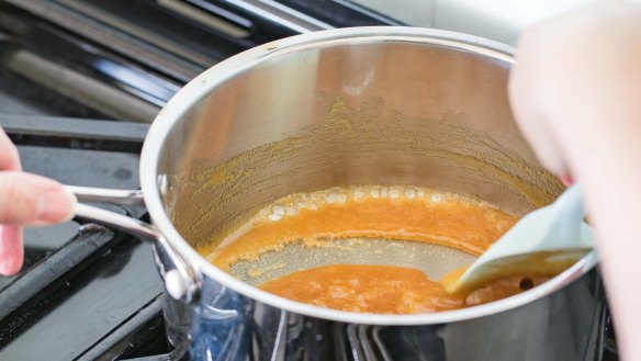 Caramel often gets stuck to the bottom of the saucepan, but where there's soap and water there's hope. 