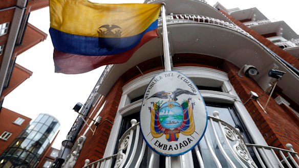 The Ecuadorian flag flies outside the Ecuadorian embassy in London, where Julian Assange has lived since 2012.